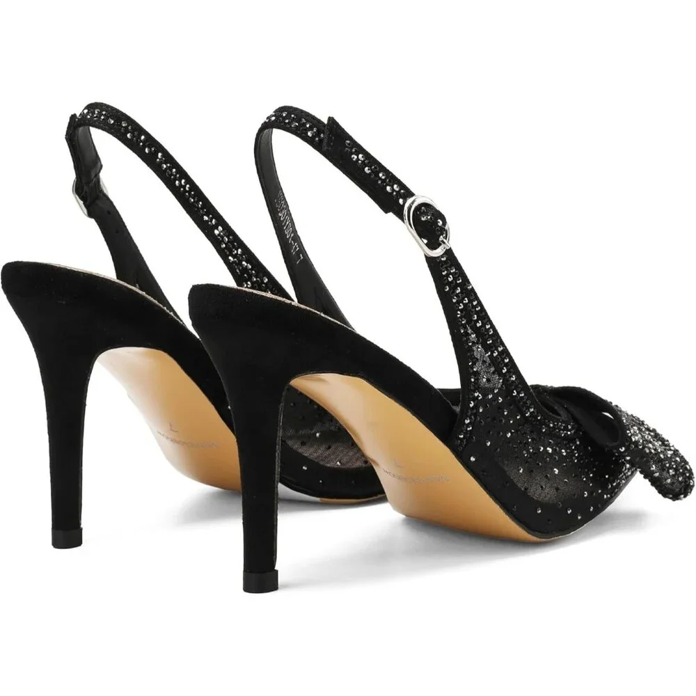 Women's Mesh Black Rhinestone Slingback Elasticated Strap Stylish Heel Pumps - Picture 4 of 6